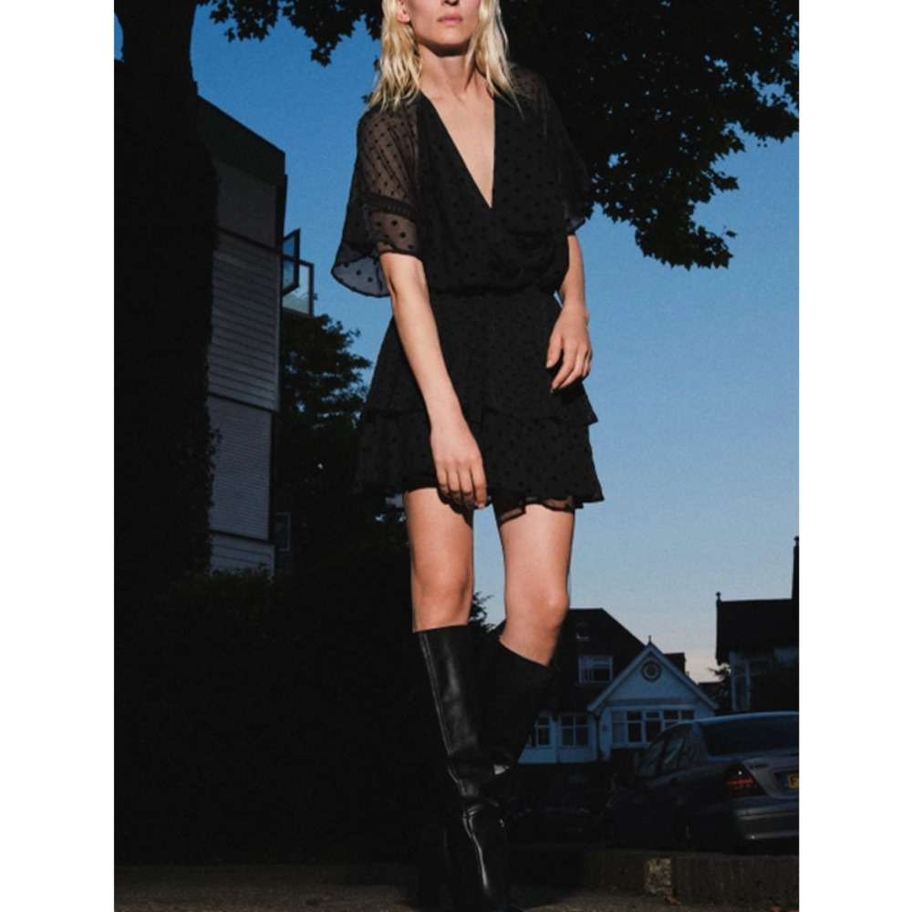 Zara Mini Dress Small Black Mesh Polka Dot Ruffle Short Sleeve A-Line